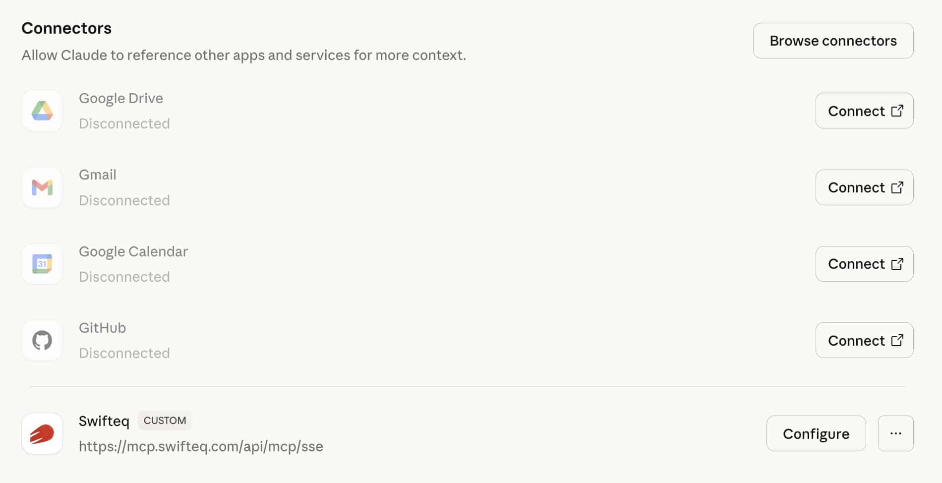 Screenshot Claude Connectors Swifteq - Zendesk MCP Server